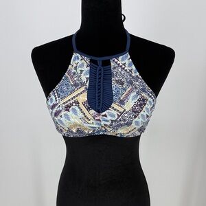 Island Soul High Neck Paisley Print Bikini Top in Navy & Light Blue size small